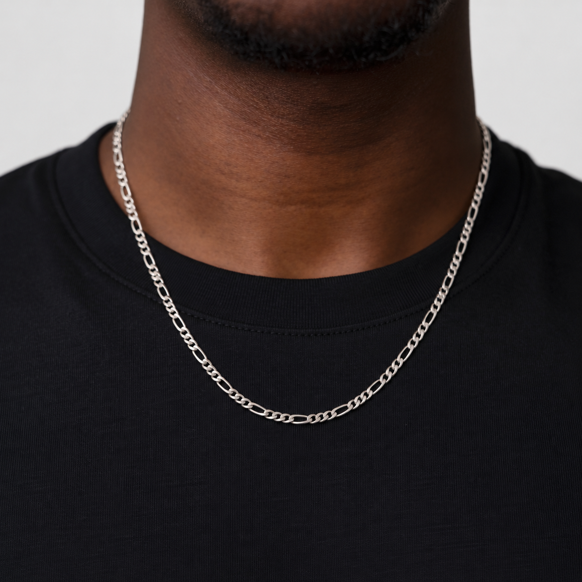 Unveiled 3mm Figaro chain, stainless steel silver, Black tee · 50cm