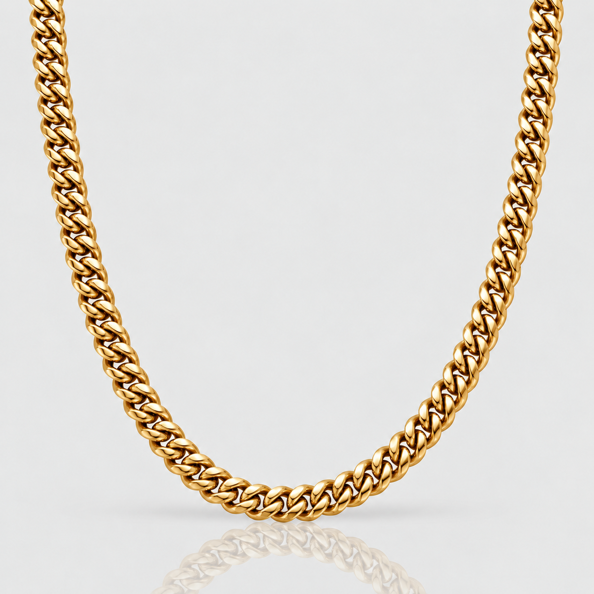 8mm 18k PVD gold Cuban chain, unveiled grey packshot, Unveiled website product photograph.