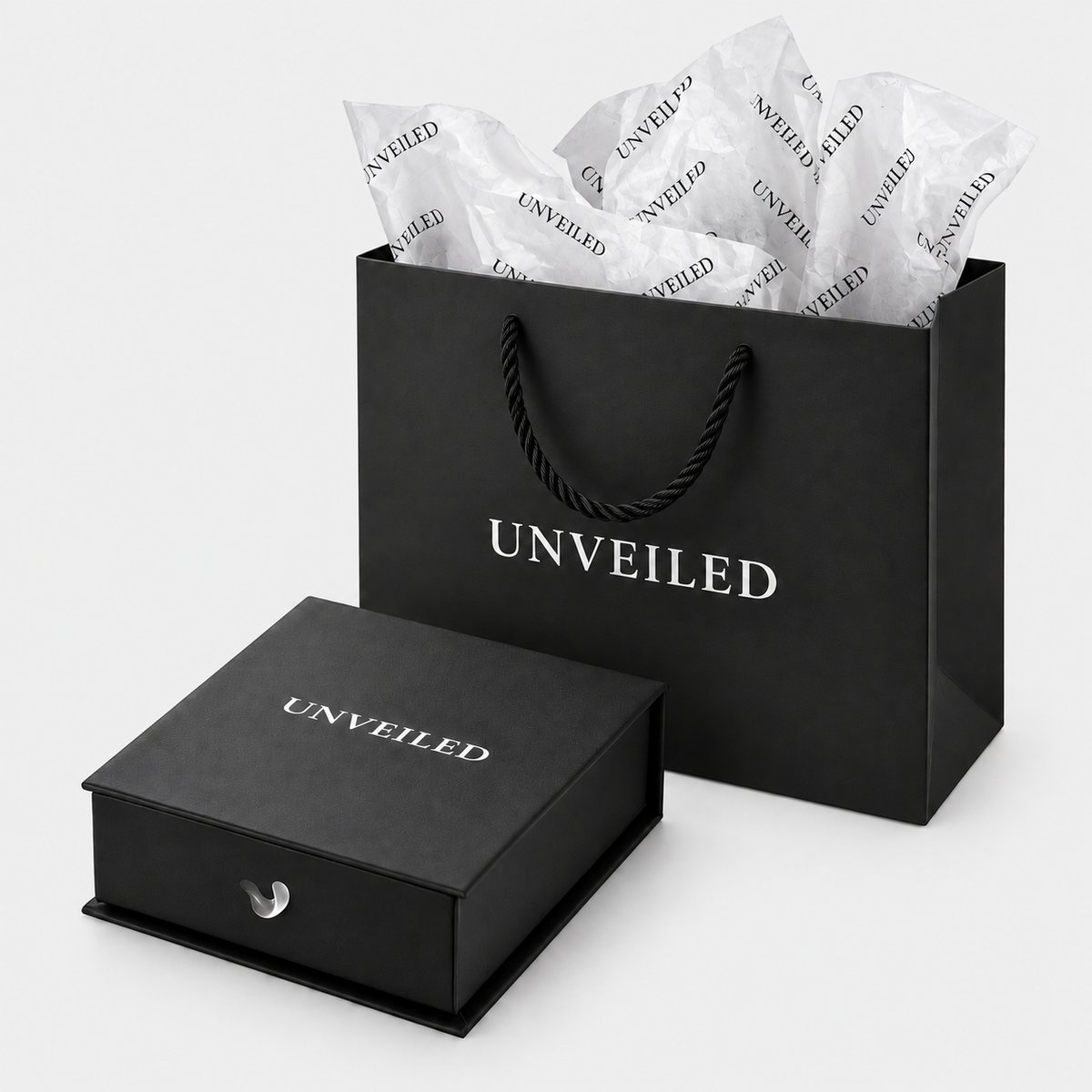 Unveiled luxury gift box with gift bag and branded tissue wrapping