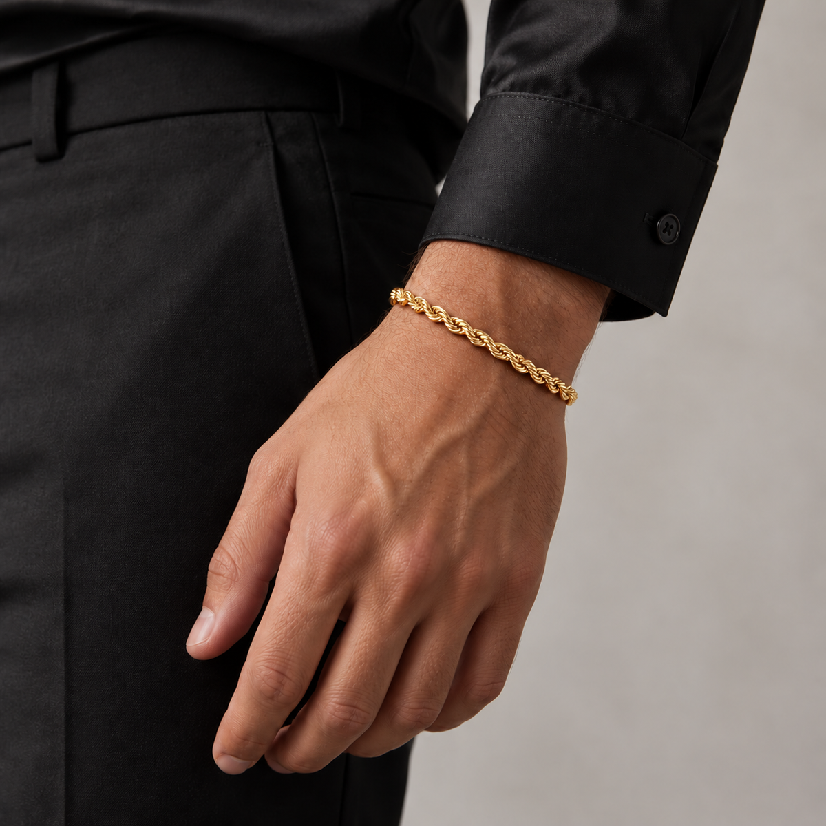 Gold 5mm rope bracelet, standing model photo