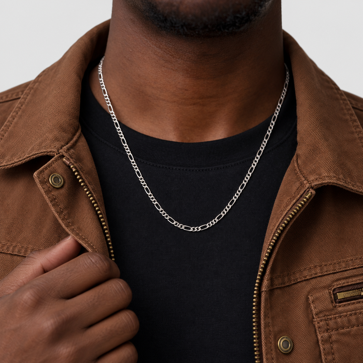Unveiled 3mm Figaro chain, stainless steel silver, Brown jacket · 50cm
