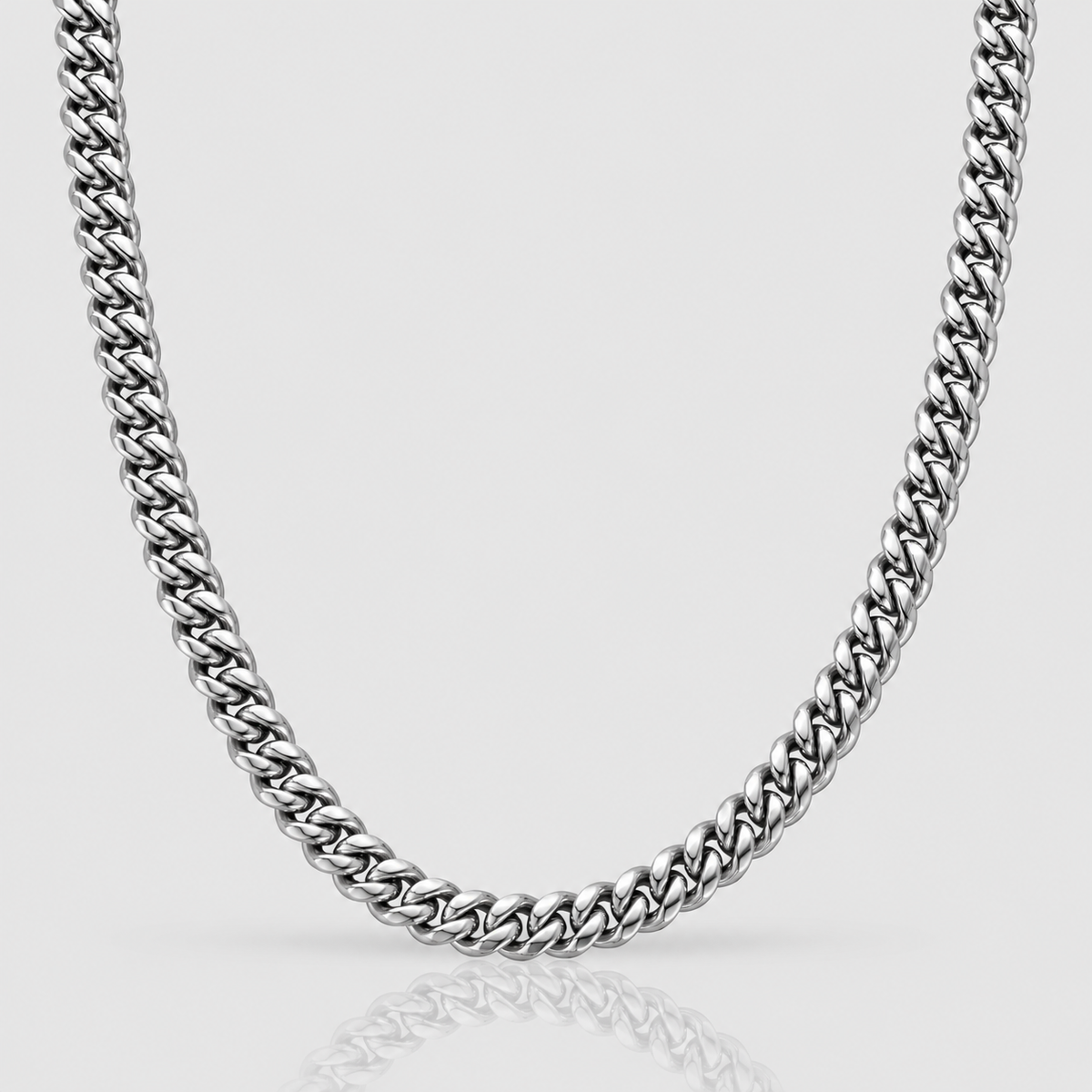 8mm silver Cuban chain, unveiled grey packshot, Unveiled website product photograph.
