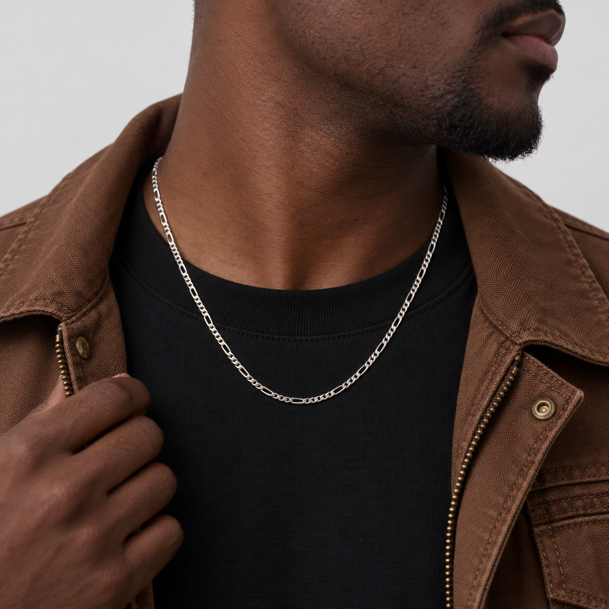 Unveiled 3mm Figaro chain, stainless steel silver, Looking away · 50cm