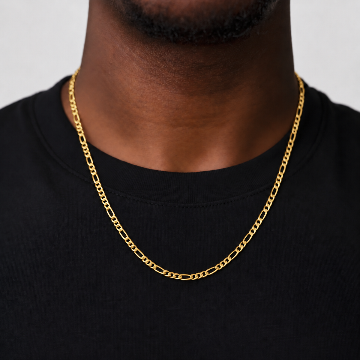 Unveiled 3mm Figaro chain, 18k PVD gold, Black tee · 55cm