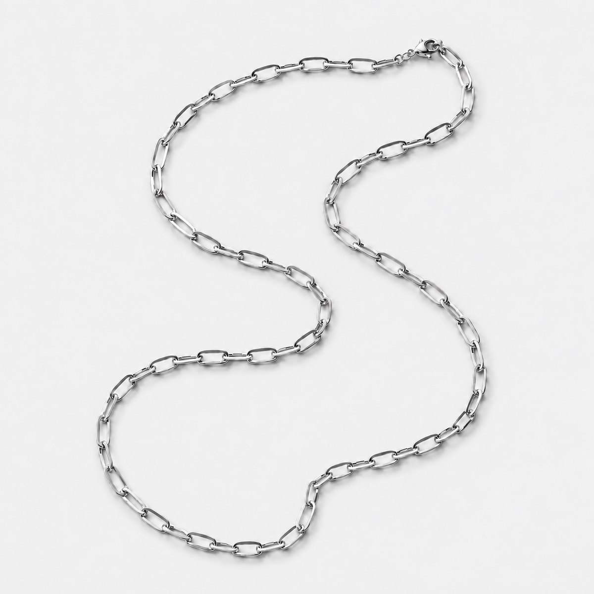 Paperclip Chain silver full necklace on light grey background
