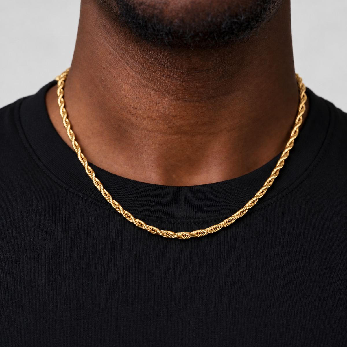 5mm 18k PVD gold rope chain, 50cm, black tee model photograph