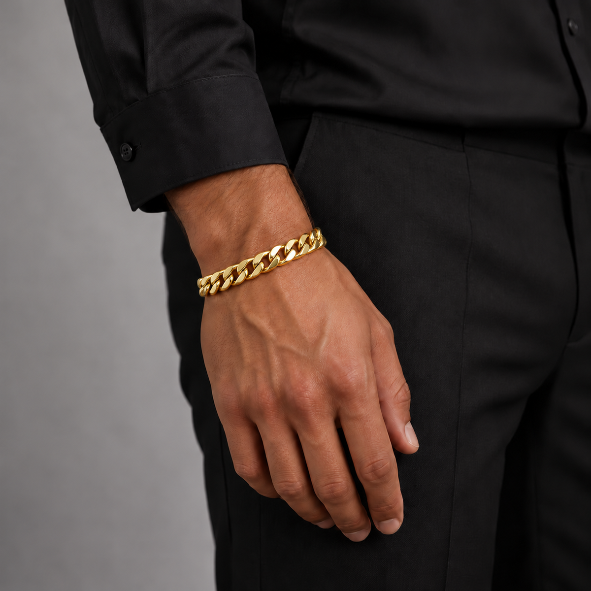 Gold 8mm Cuban bracelet, standing model view