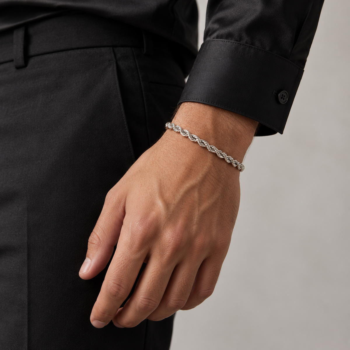 Silver 5mm rope bracelet, standing model photo