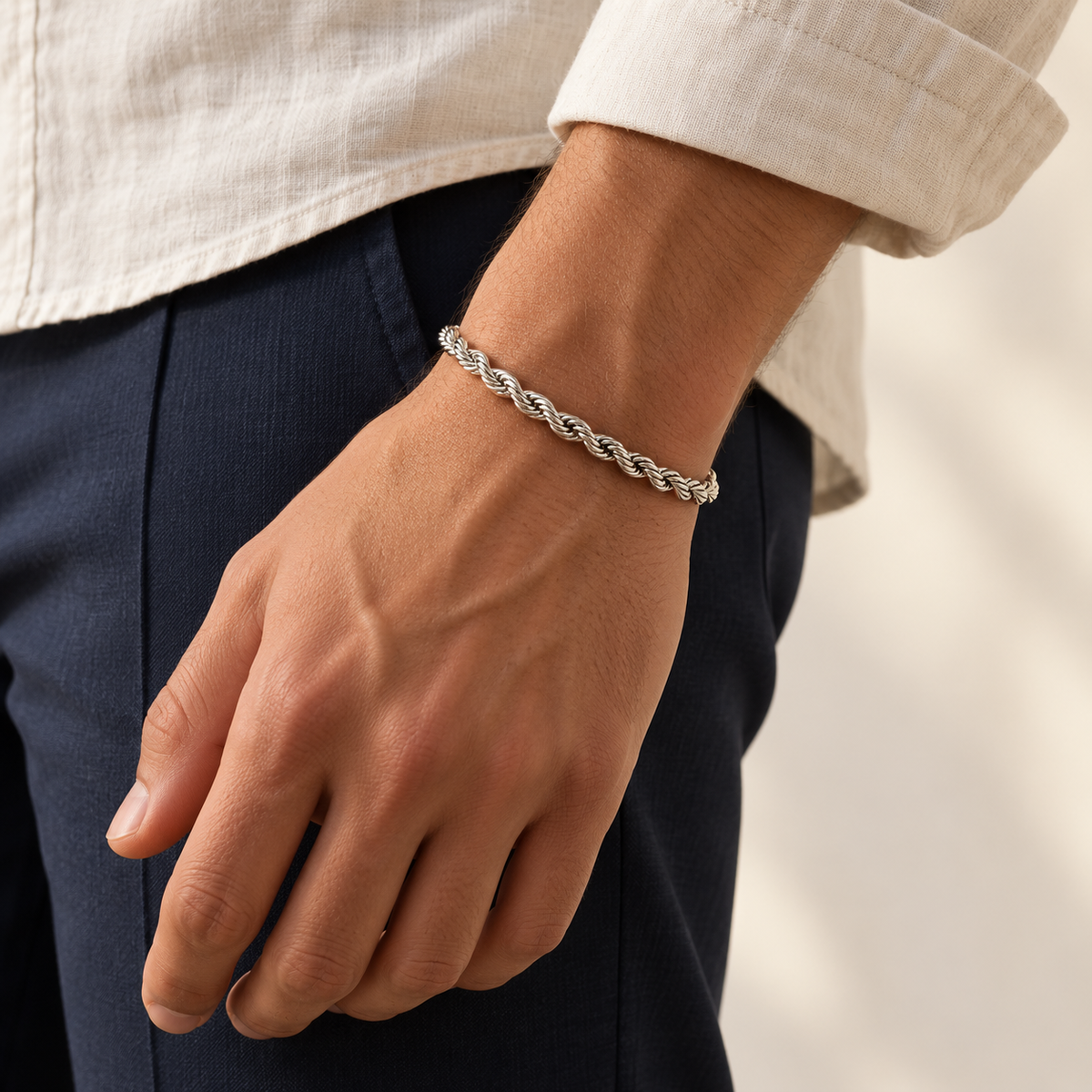 Silver 5mm rope bracelet, relaxed model photo