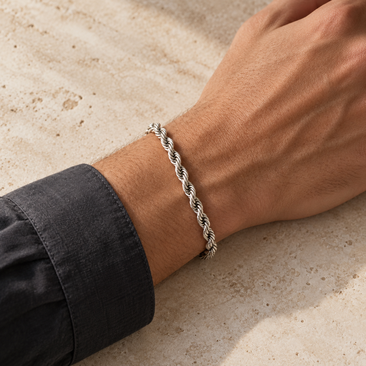 Silver 5mm rope bracelet, charcoal model photo